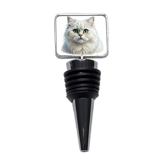British Longhair White Cat Illustration Wine Bottle Stopper