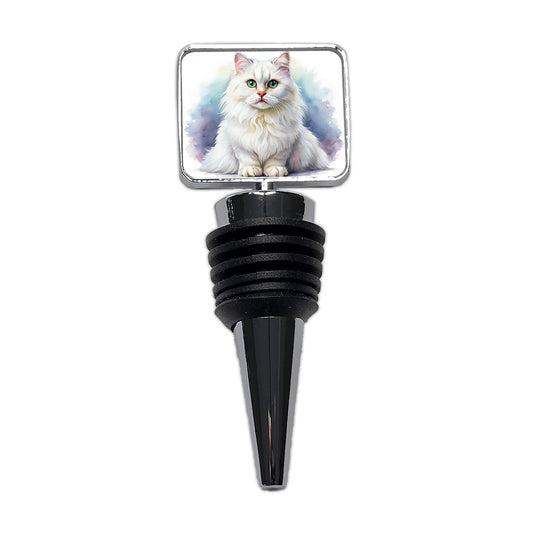 British Longhair White Cat Watercolor Style Wine Bottle Stopper