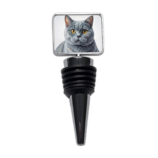 British Shorthair Gray Cat Illustration Wine Bottle Stopper