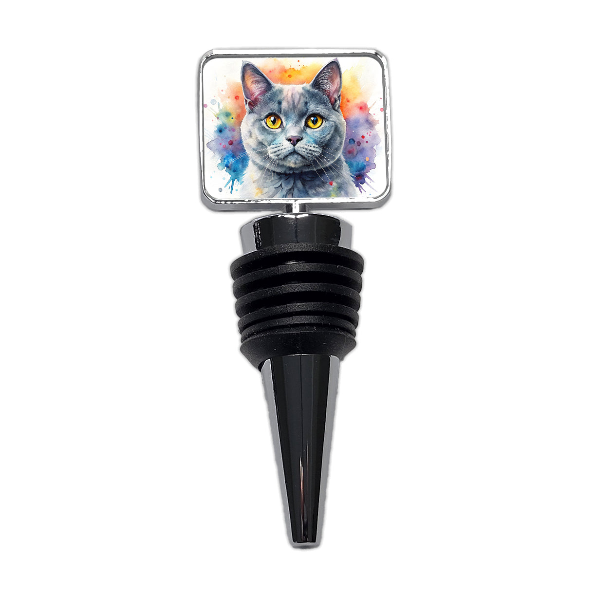 British Shorthair Gray Cat Watercolor Style Wine Bottle Stopper