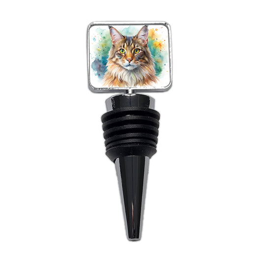 Maine Coon Cat Watercolor Style Wine Bottle Stopper
