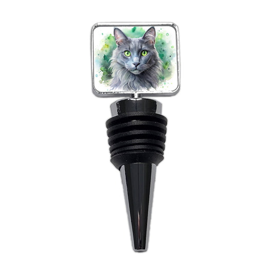 Nebelung Cat With Green Eyes Watercolor Style Wine Bottle Stopper