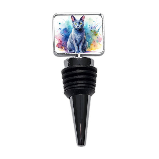 Russian Blue Cat Watercolor Style Wine Bottle Stopper