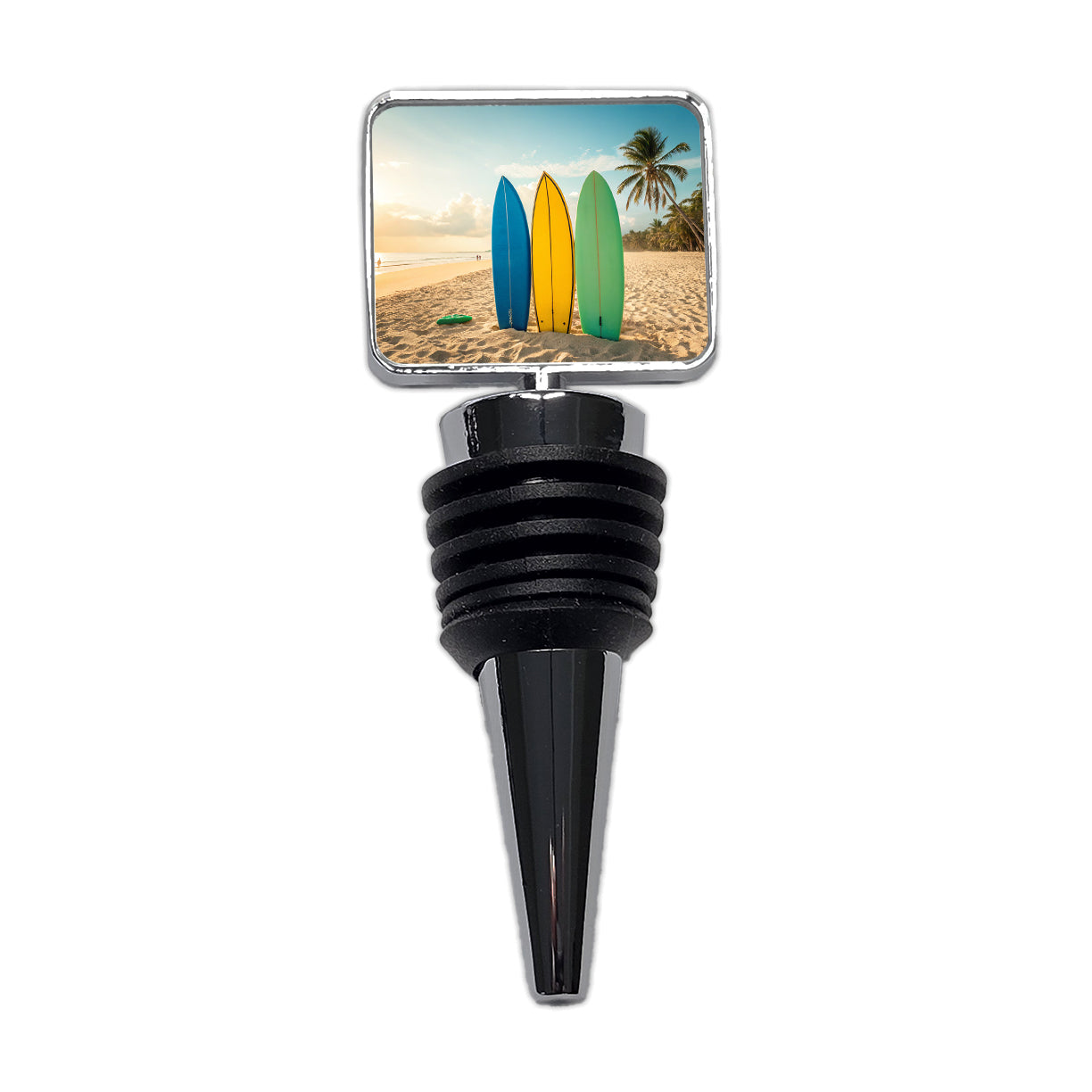 Brightly Colored Surfboards Sand Beach Ocean Wine Bottle Stopper