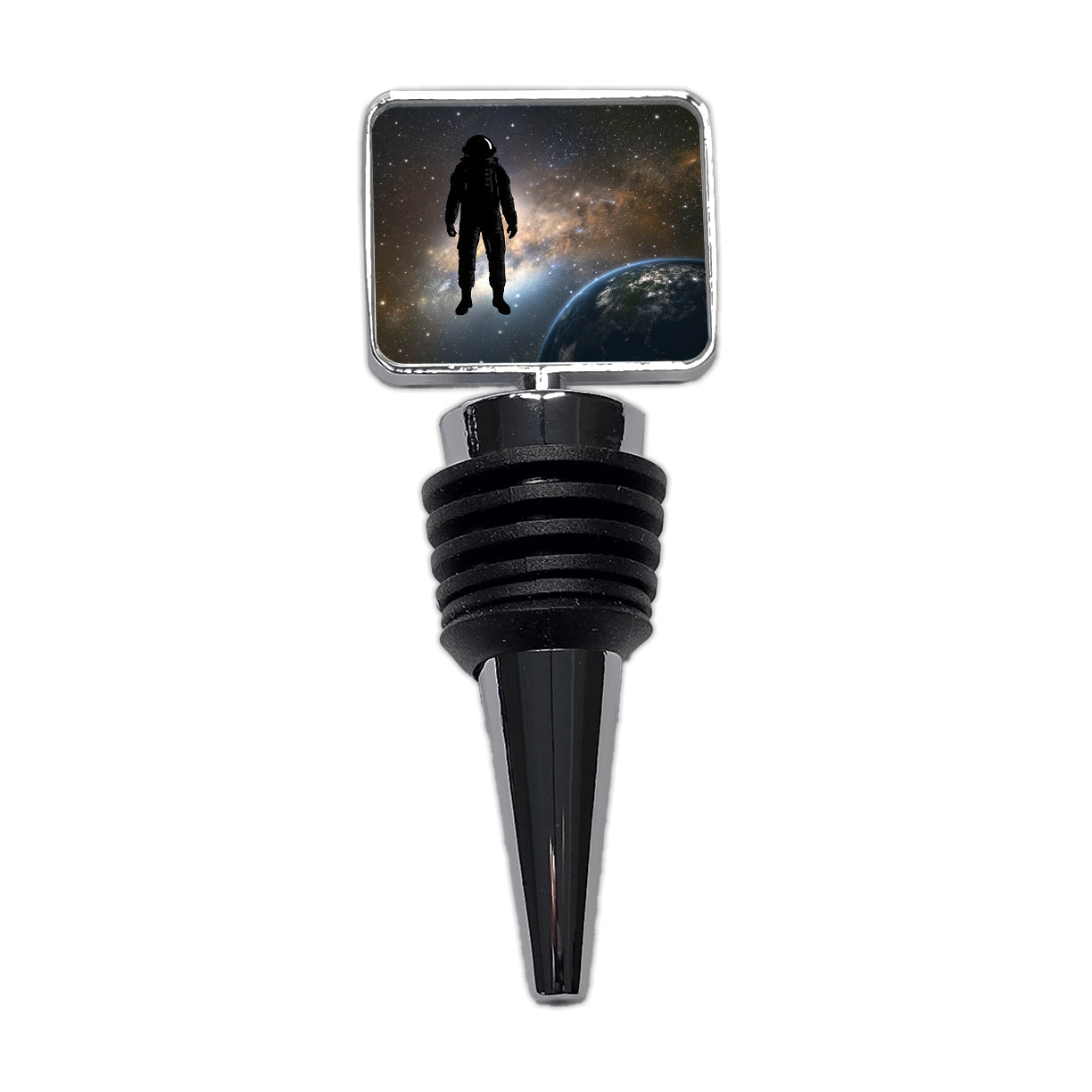 Floating Astronaut Silhouette Earth Space Wine Bottle Stopper