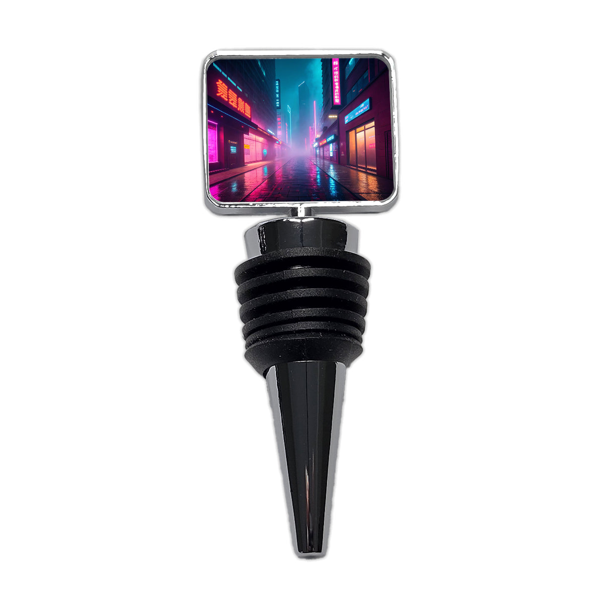 Futuristic City Alley Night Glowing Signs Misty Wine Bottle Stopper