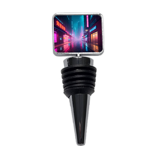 Futuristic City Alley Night Glowing Signs Misty Wine Bottle Stopper