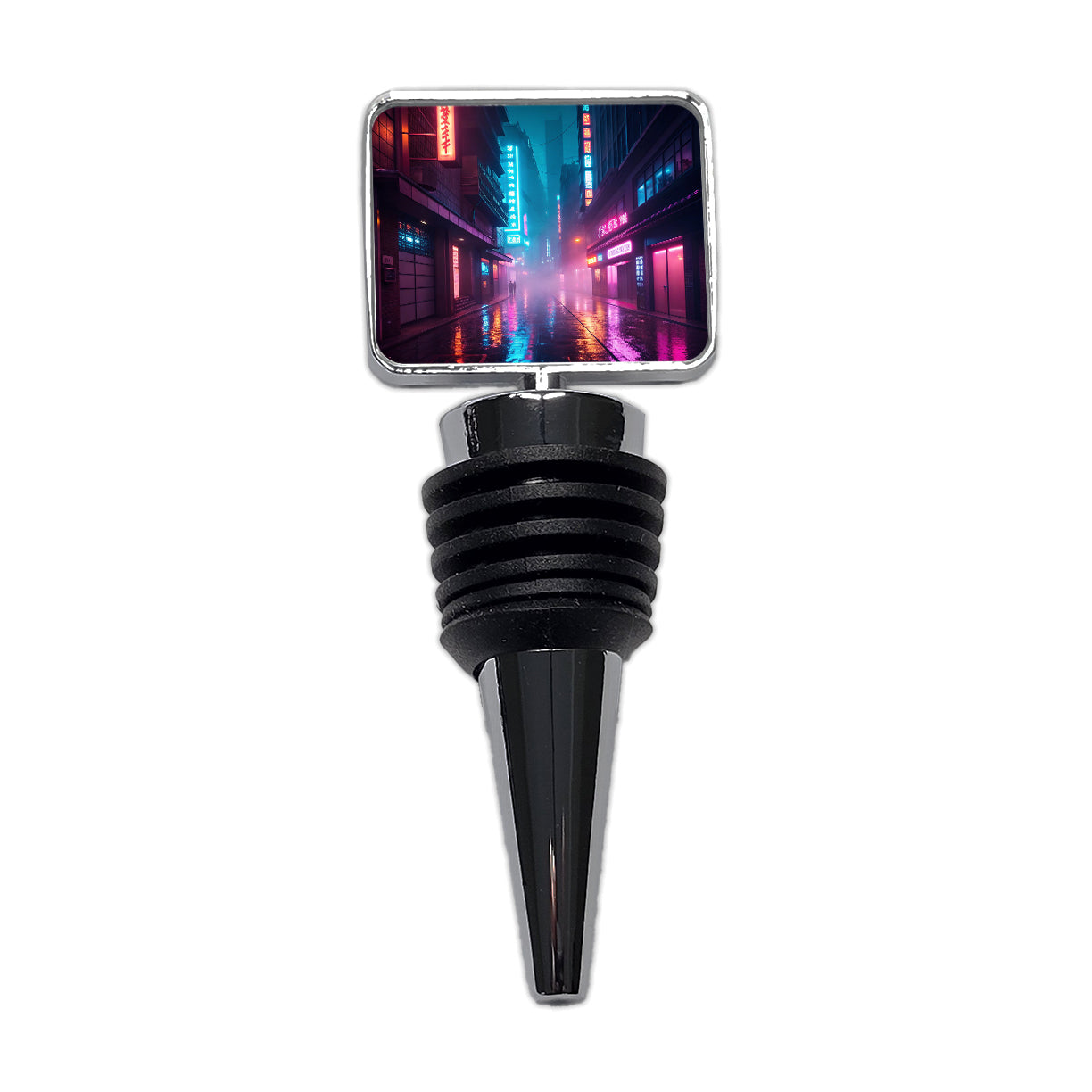 Futuristic City Alley Night Glowing Signs Wine Bottle Stopper