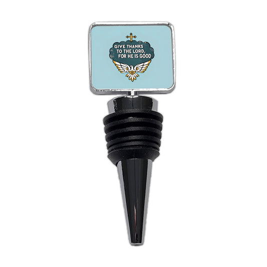 Give Thanks To The Lord For He Is Good Psalm Bible Verse Blue Wine Bottle Stopper
