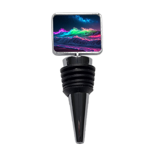 Neon Ocean Waves Night Wine Bottle Stopper