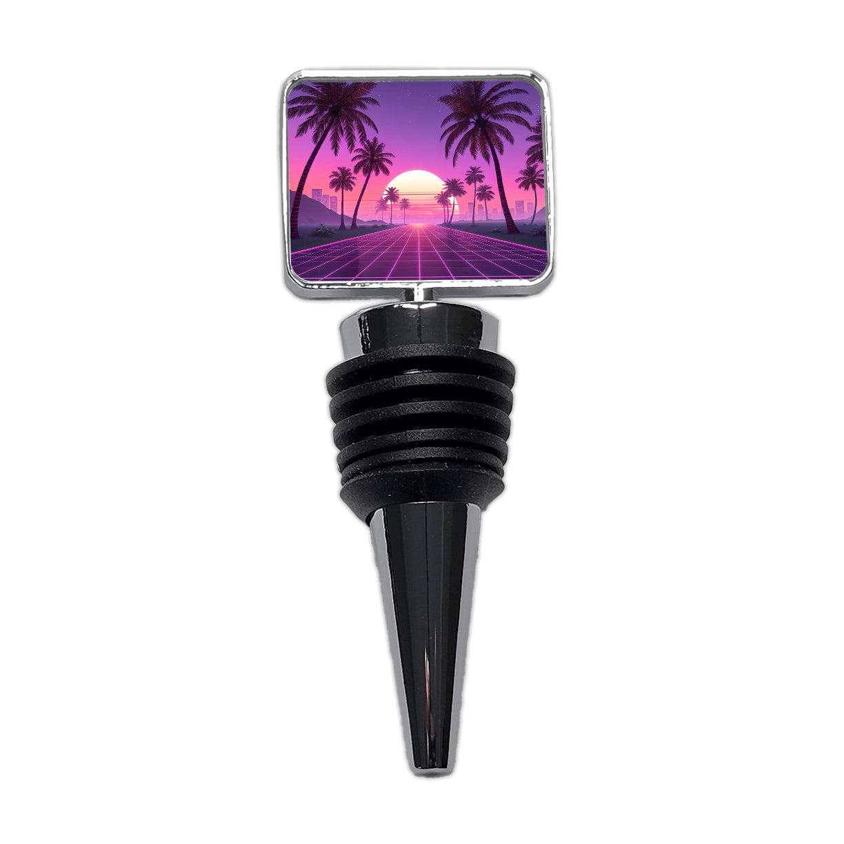 Neon Pinks Purples Palm Trees Sun Setting Wine Bottle Stopper