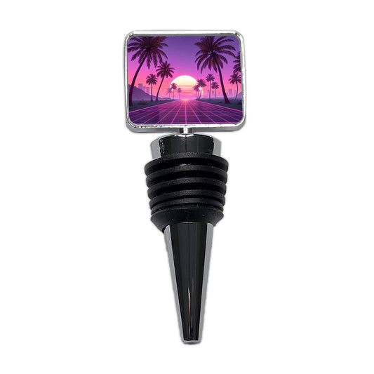 Neon Pinks Purples Palm Trees Sun Setting Wine Bottle Stopper