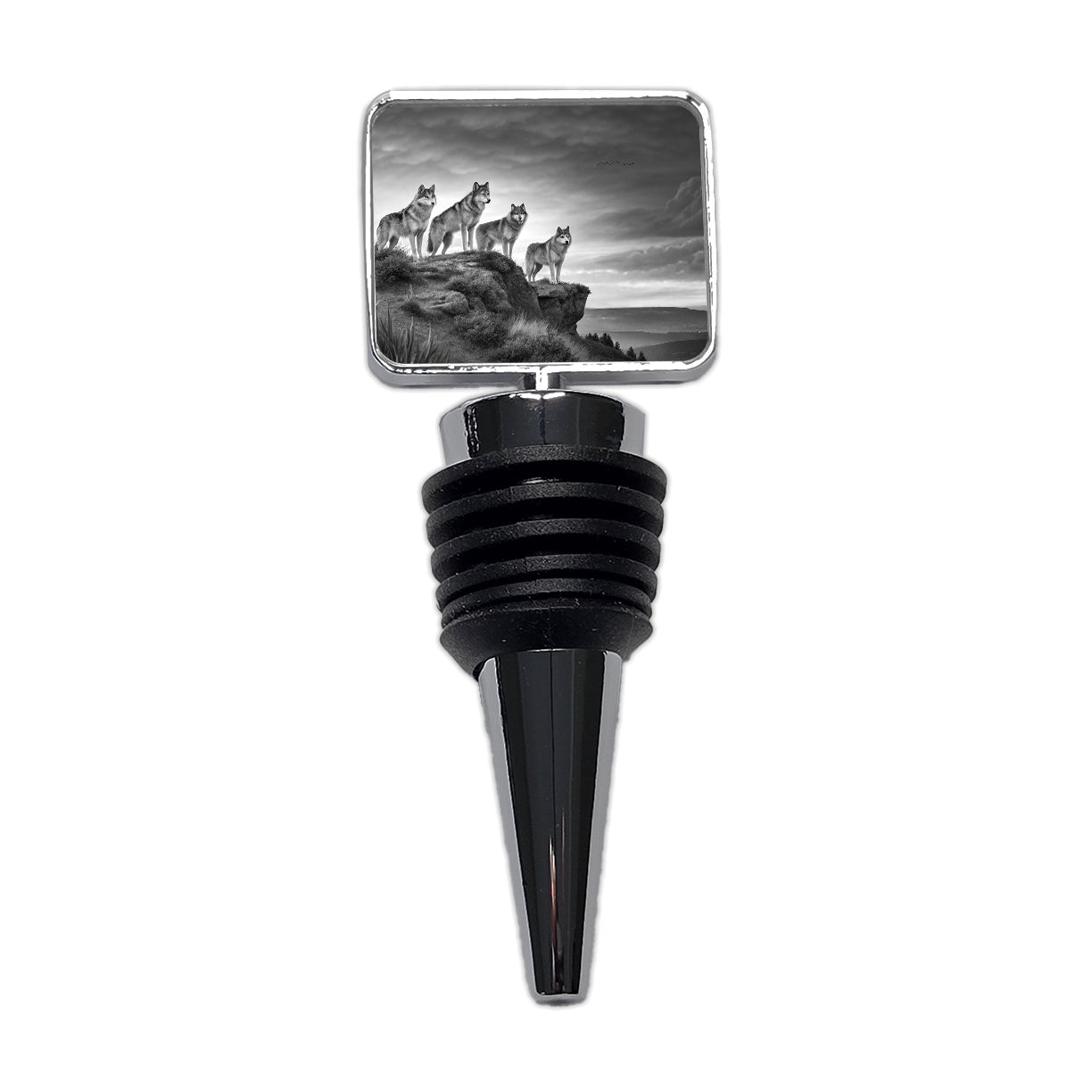 Pack Of Wolves On A Cliff Black White Wine Bottle Stopper