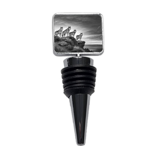 Pack Of Wolves On A Cliff Black White Wine Bottle Stopper