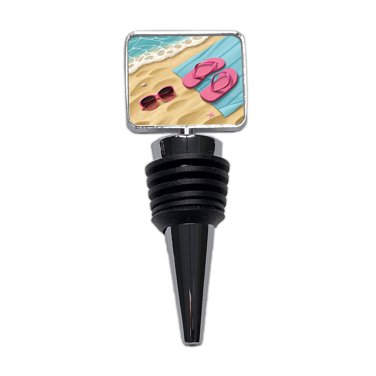 Pink Sunglasses Flip Flops Towel On Sand Beach Wine Bottle Stopper