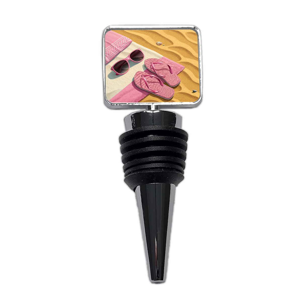 Pink Sunglasses Flip Flops Towel On Sand Cute Wine Bottle Stopper