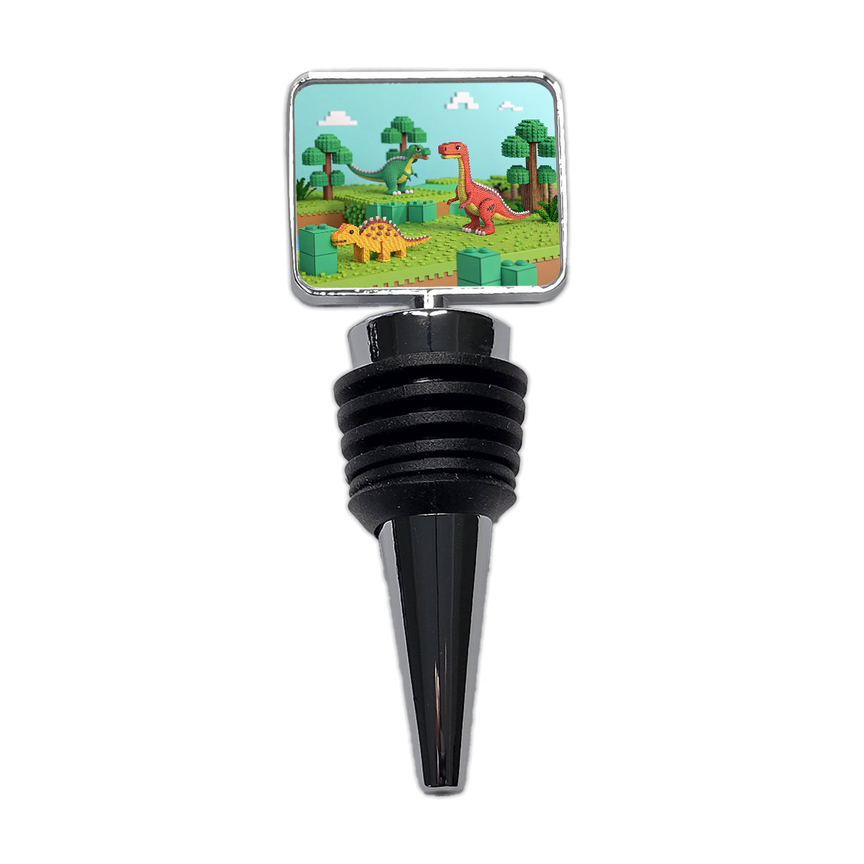 Retro 8 Bit Pixel Art Style Dinosaurs Roaming Wine Bottle Stopper