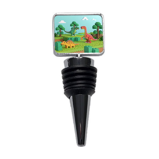 Retro 8 Bit Pixel Art Style Dinosaurs Roaming Wine Bottle Stopper