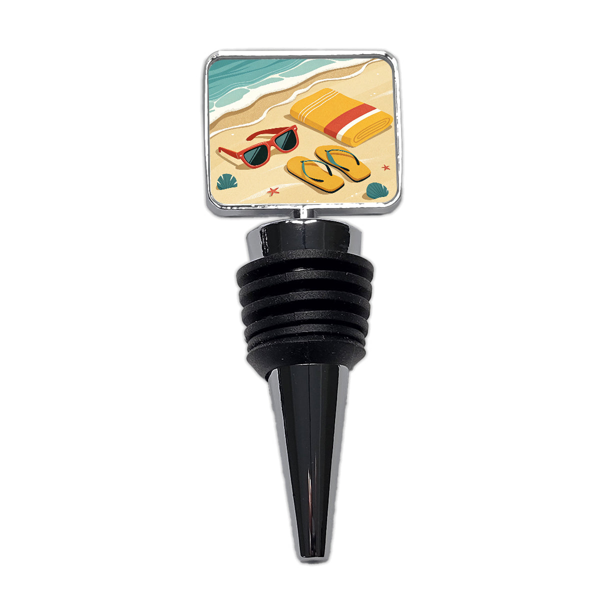 Retro Style Sunglasses Flip Flops Towel On Sandy Beach Wine Bottle Stopper