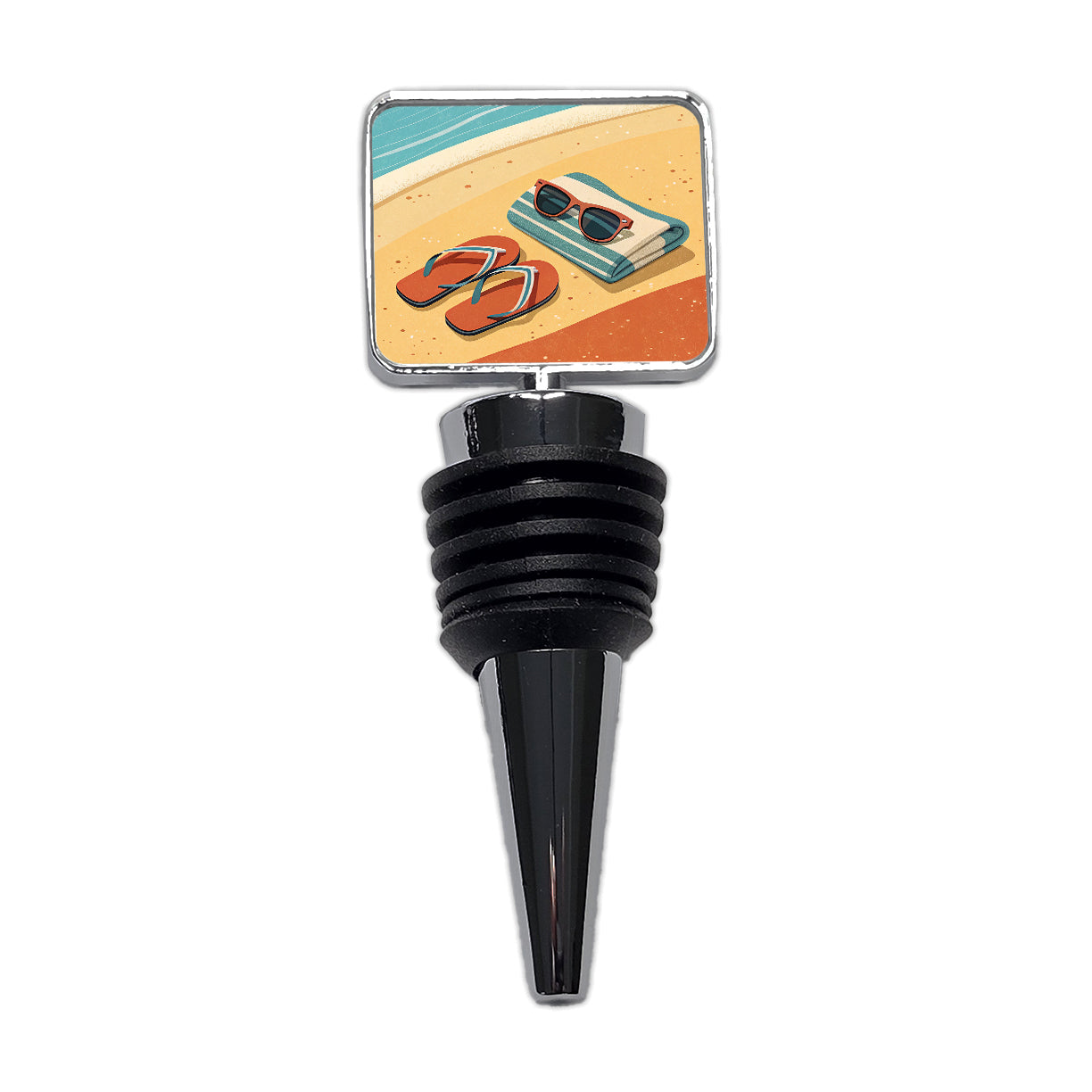 Retro Sunglasses Flip Flops Towel On Sand Beach Ocean Wine Bottle Stopper