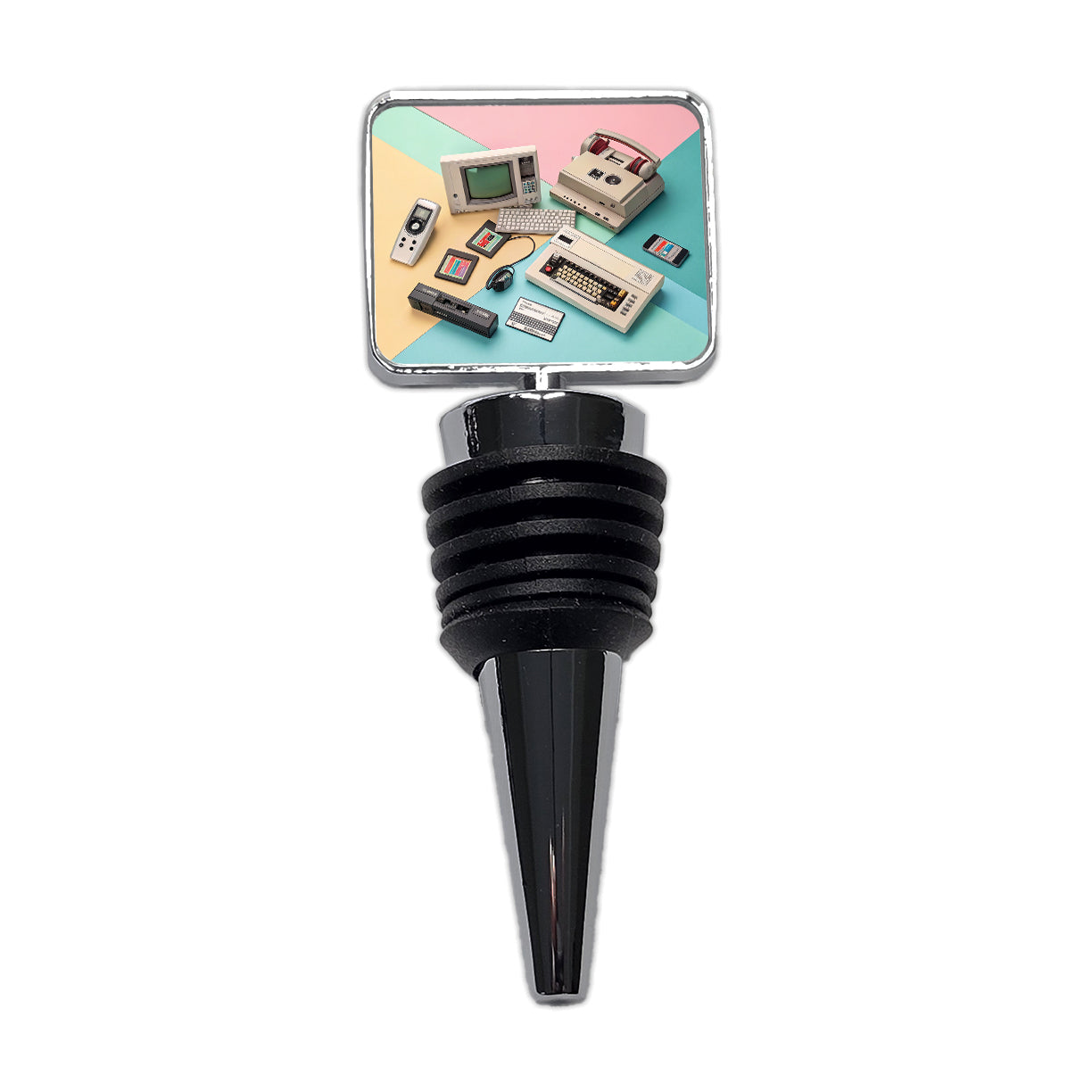 Retro Technology Collage Computer Wine Bottle Stopper