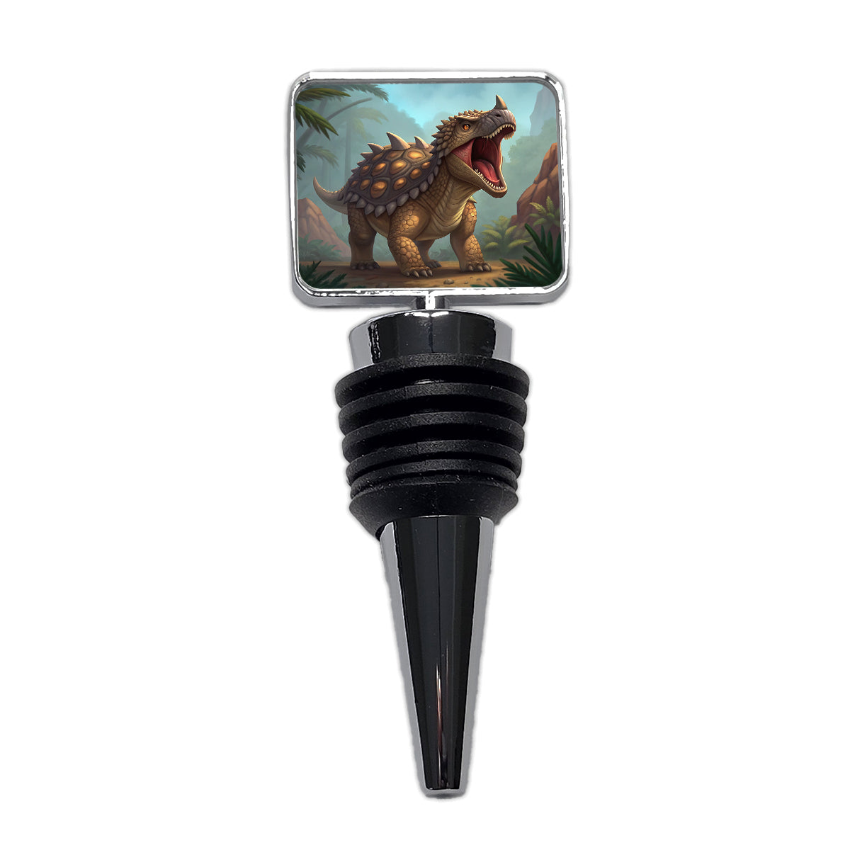 Roaring Ankylosaurus Dinosaur Mountains Wine Bottle Stopper