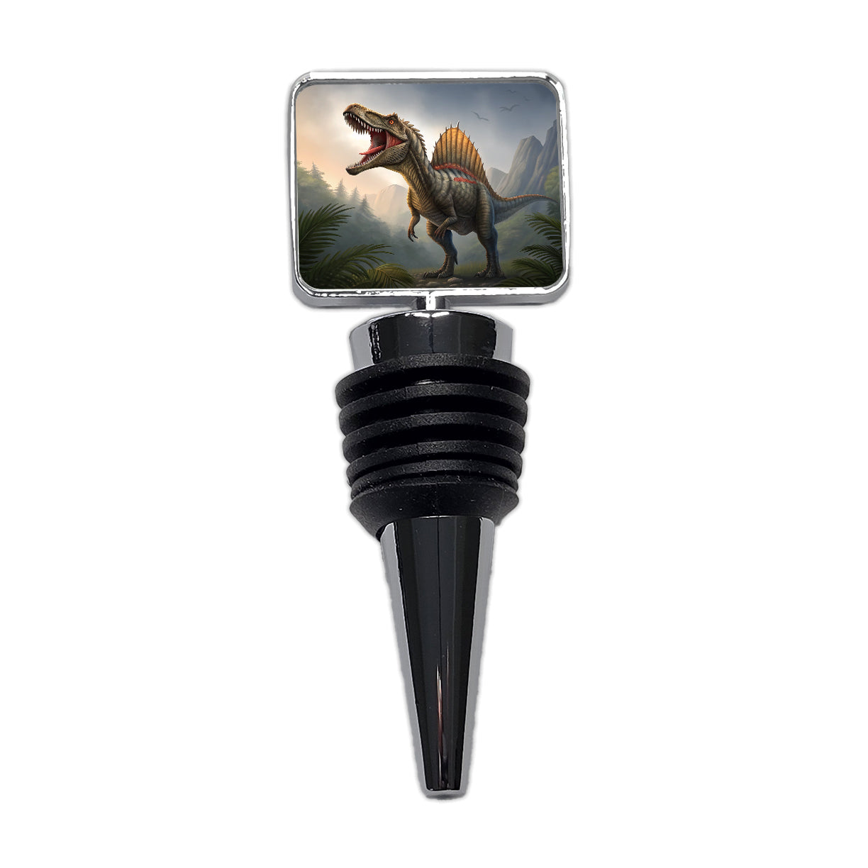 Roaring Spinosaurus Dinosaur Mountains Wine Bottle Stopper