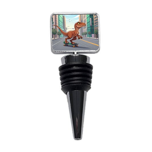 Skateboarding Raptor Dinosaur Wine Bottle Stopper