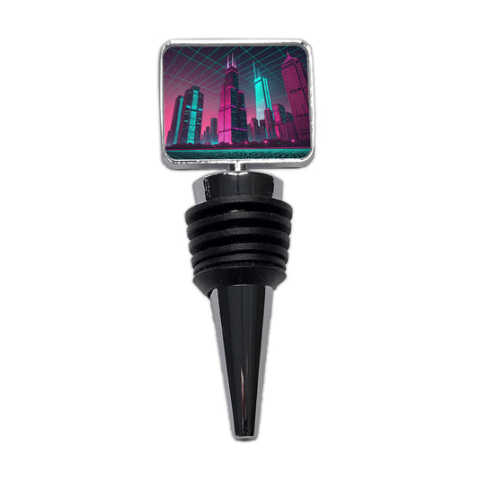 Skyscrapers Buildings Lit Pink Teal Wine Bottle Stopper