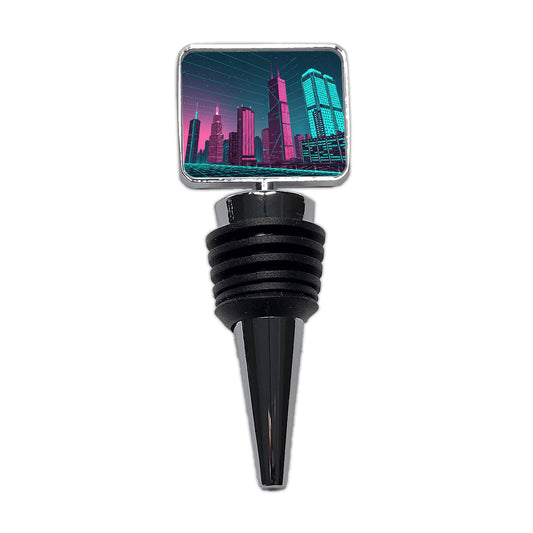 Skyscrapers Lit Pink Teal Glitch Effects Wine Bottle Stopper