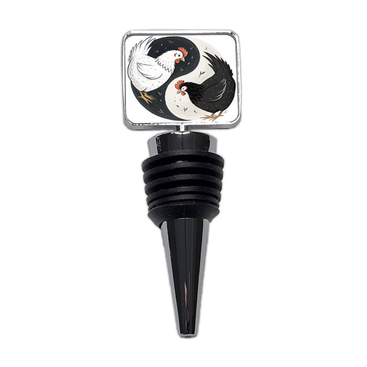 Two Chickens Yin Yang White Black Wine Bottle Stopper
