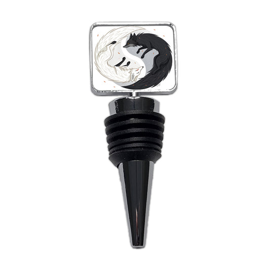 Two Foxes Yin Yang Black White Wine Bottle Stopper