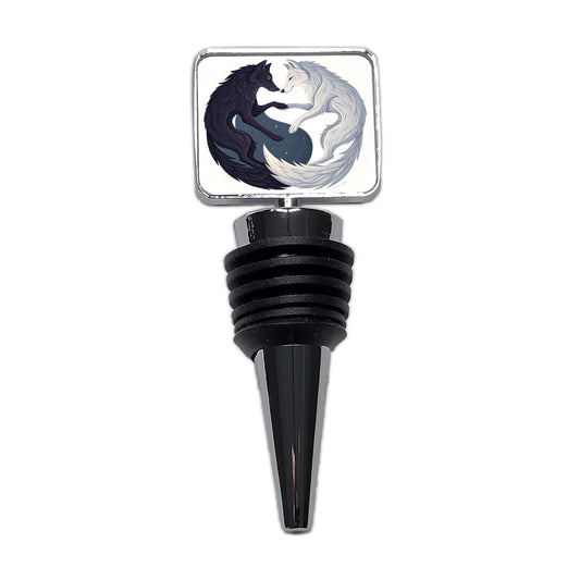 Two Wolves Yin Yang Black White Wine Bottle Stopper