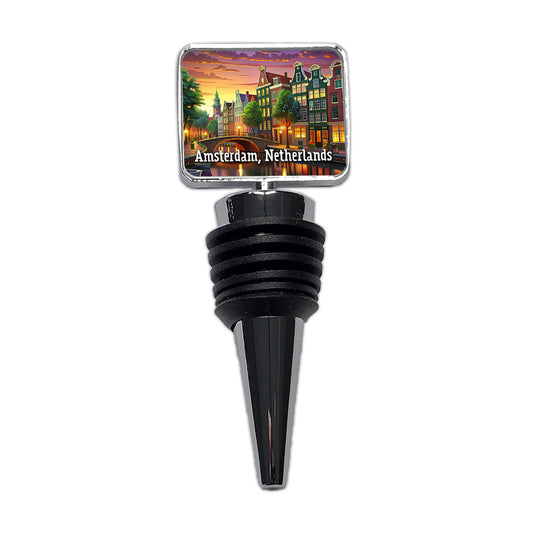 Amsterdam, Netherlands Travel City Country Stamp Wine Bottle Stopper