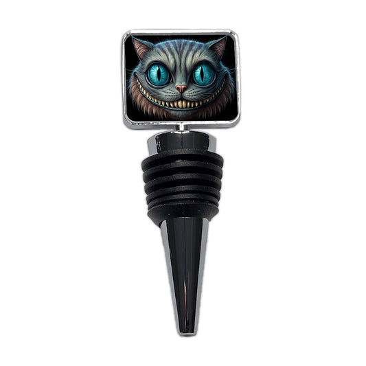 Creepy Cheshire Cat Grin on Black Wine Bottle Stopper