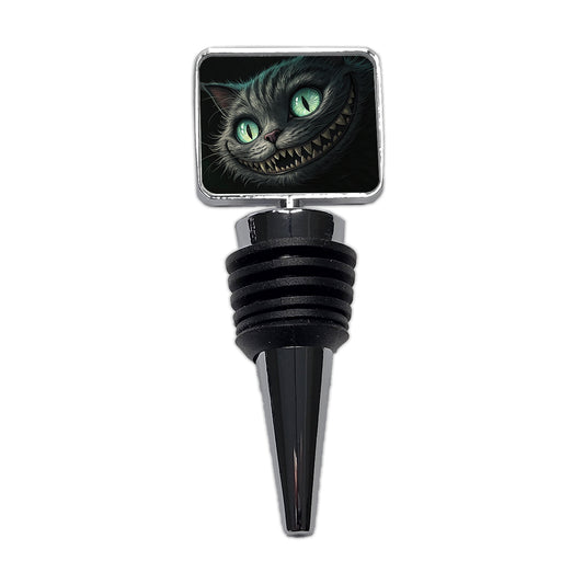 Evil Cheshire Cat Grinning On Black Wine Bottle Stopper