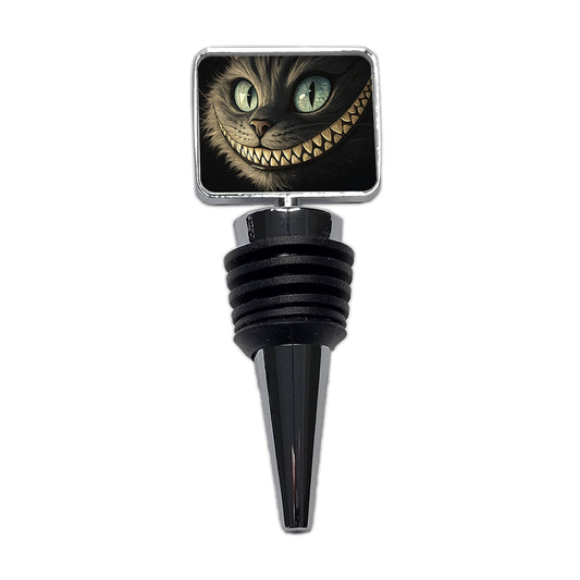 Funny Cheshire Cat Grin on Black Wine Bottle Stopper