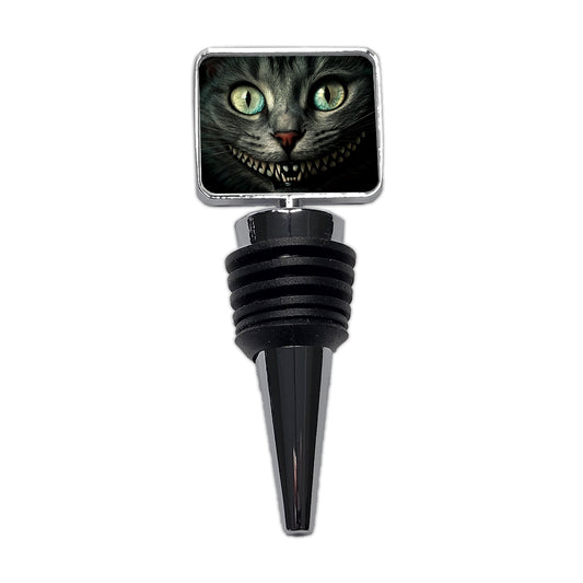 Mischievous Cheshire Cat Grin on Black Wine Bottle Stopper