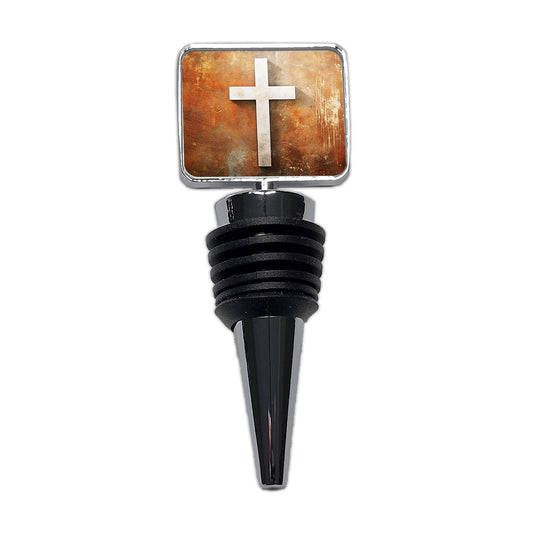 White Cross On Rusty Rustic Background Religious Wine Bottle Stopper