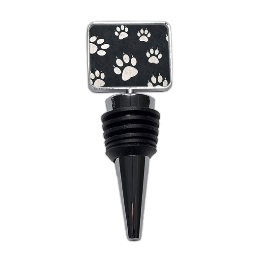 White Paw Prints On Black Pattern Wine Bottle Stopper