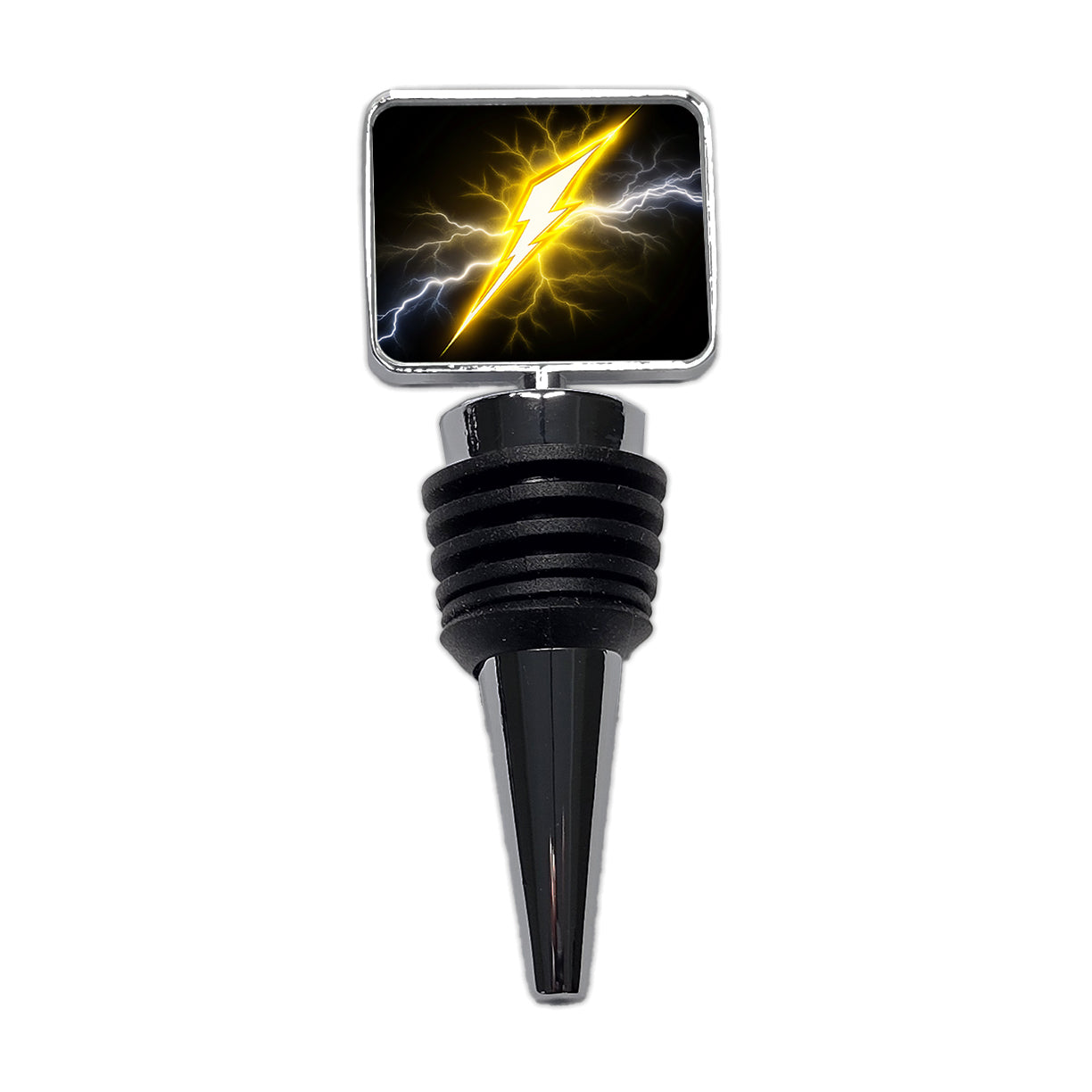 Yellow and White Lightning Bolt On Black Wine Bottle Stopper