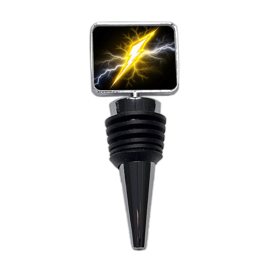Yellow and White Lightning Bolt On Black Wine Bottle Stopper