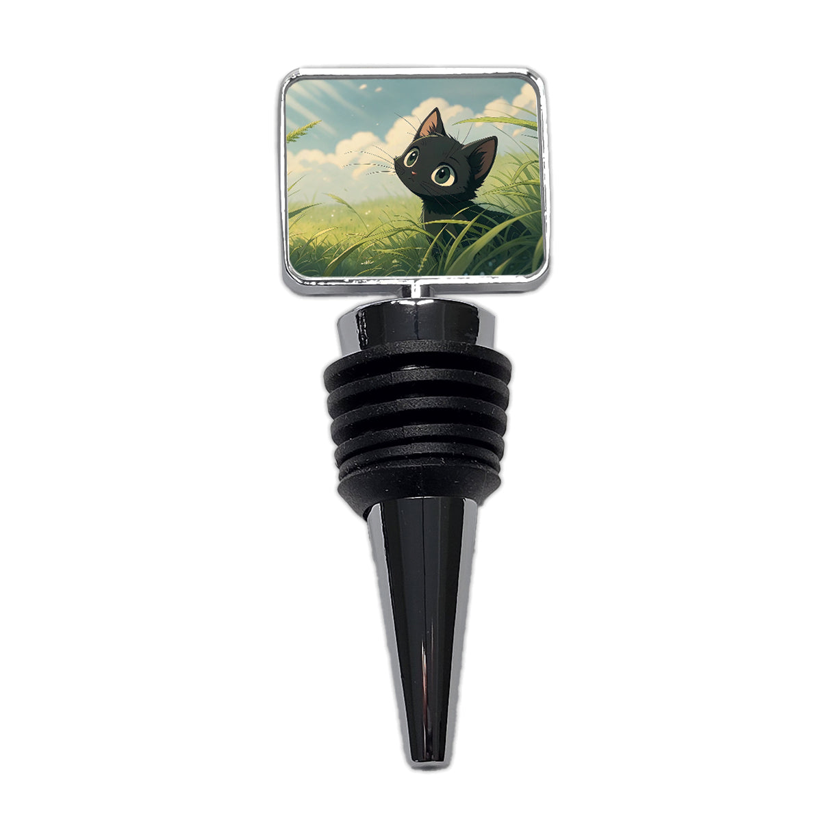 Black Kitten Cat in Field of Grass Anime Style Wine Bottle Stopper