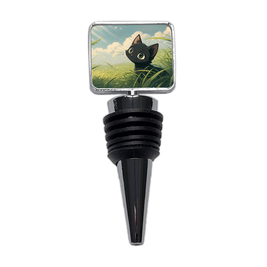 Black Kitten Cat in Field of Grass Anime Style Wine Bottle Stopper