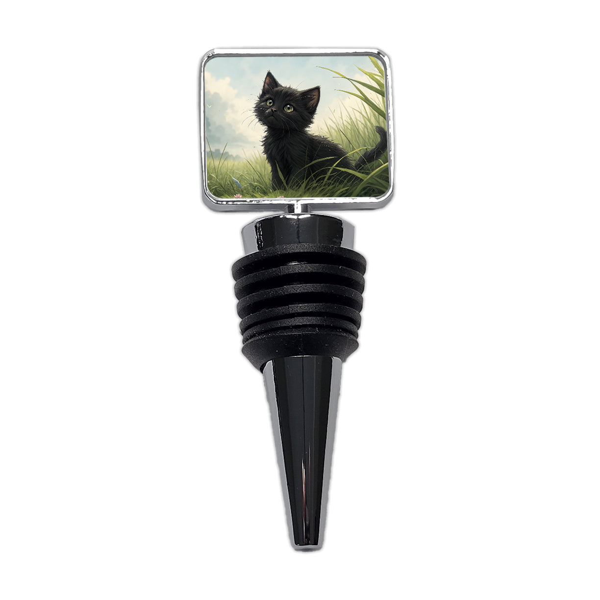 Black Kitten Cat in Field Wine Bottle Stopper