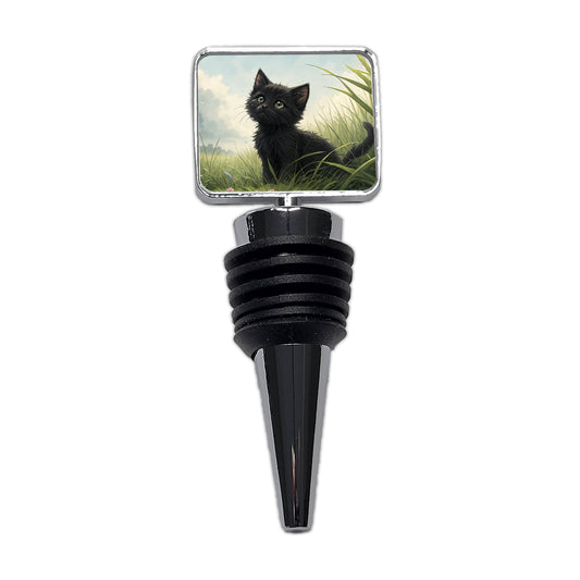 Black Kitten Cat in Field Wine Bottle Stopper