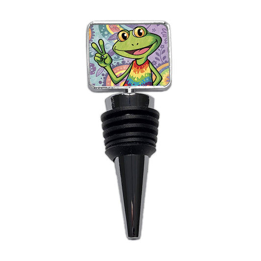 Frog Giving Peace Sign Hippie Tie Dye Wine Bottle Stopper