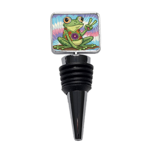 Frog Giving Peace Sign Tie-Dye Cartoon Wine Bottle Stopper