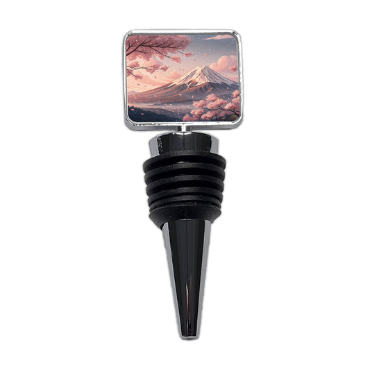 Mount Fuji Blooming Sakura Trees Japanese Illustration Wine Bottle Stopper