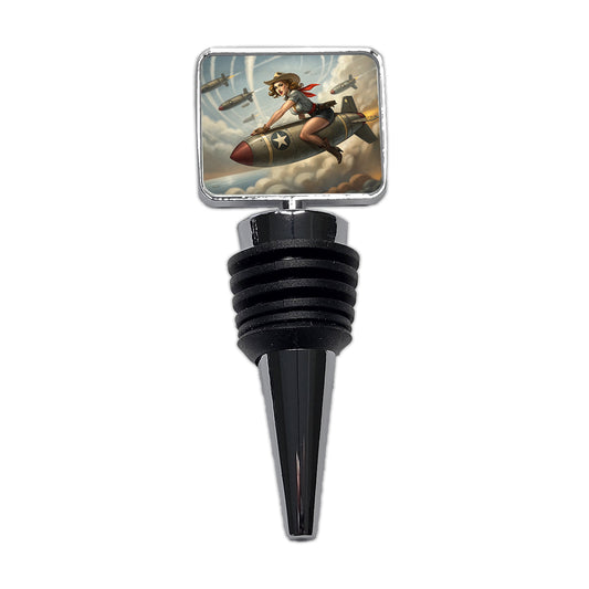 Rockabilly Patriotic Pin-Up Cowgirl Riding Bomb Funny Wine Bottle Stopper